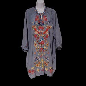 Johnny Was Leona Tunic Dress Blue/Gray Embroidered Floral Butterfly Boho 1X